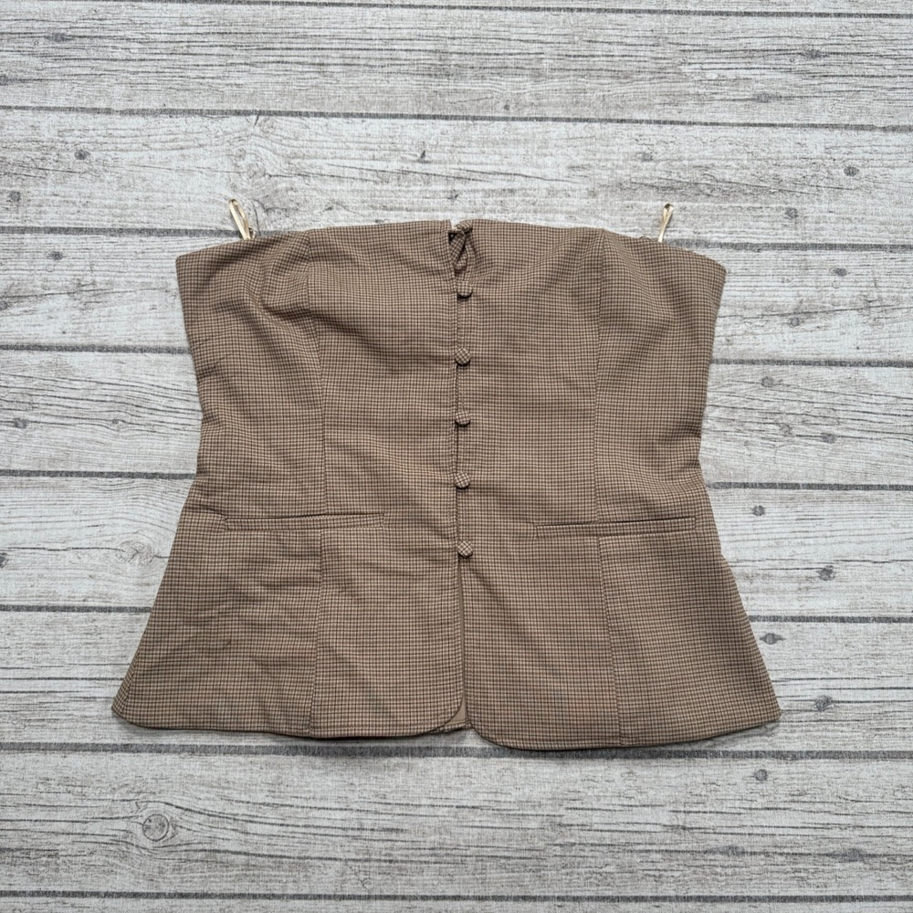 Zara Strapless Corset Top Womens Medium Brown Houndstooth Button Front Vest Chic